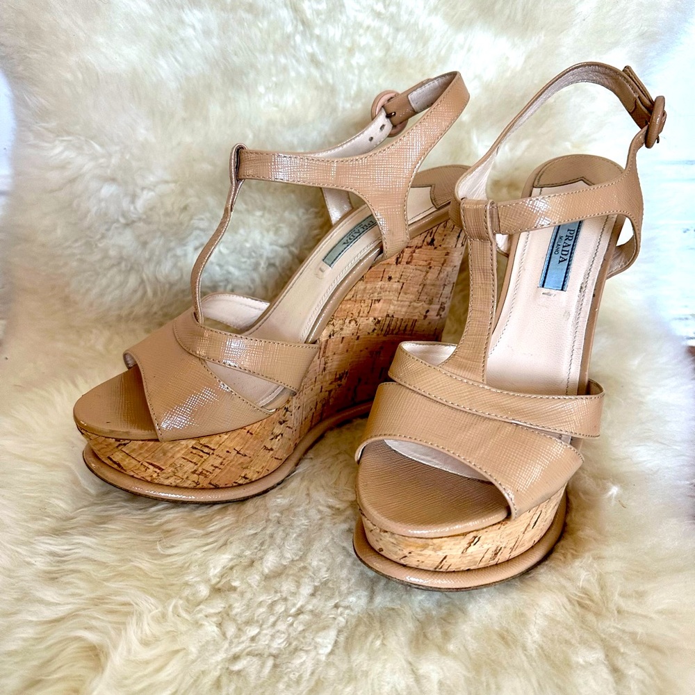 EUC Prada Nude Patent Leather & Cork Wedges; Sz. 38